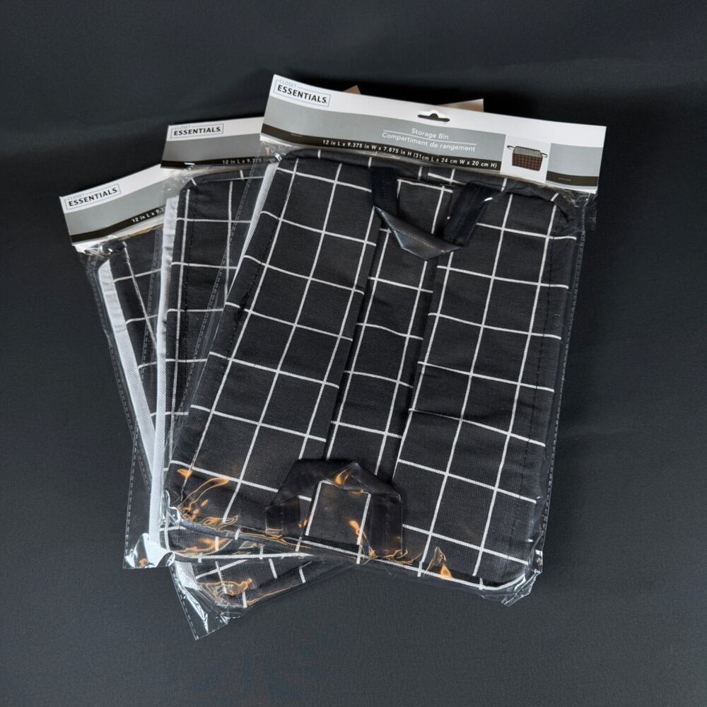3x CLOSET ESSENTIALS BLACK WHITE FLANNEL Storage Bin 12"x9.3"x7.8"